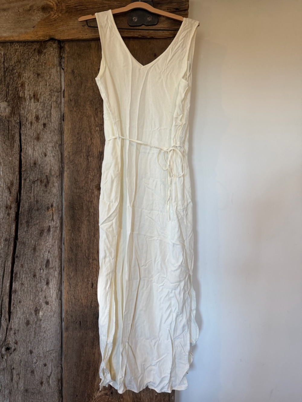 Sleeveless Cream V-Neck Maxi Dress with Self-Tie Waist